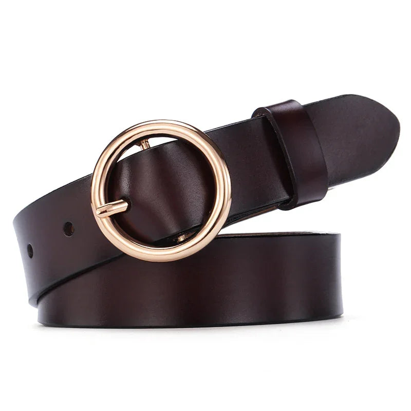 Dark brown leather belt with round gold metal buckle on white background