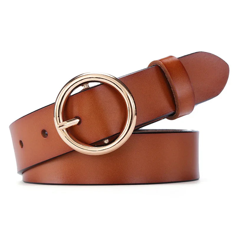 brown leather belt with round gold buckle on white background