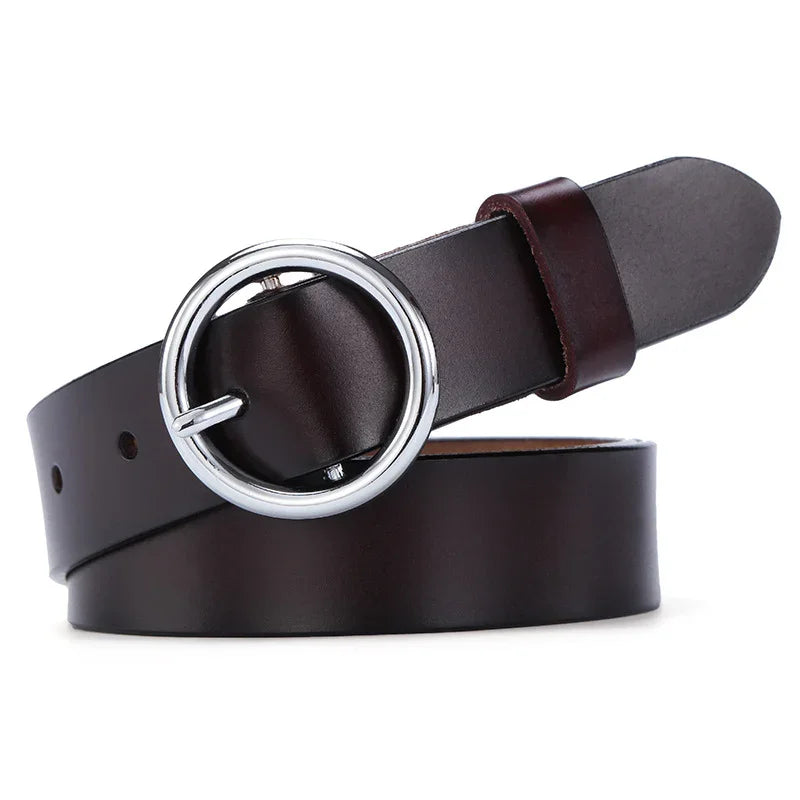 Dark brown leather belt with a round silver metal buckle on white background