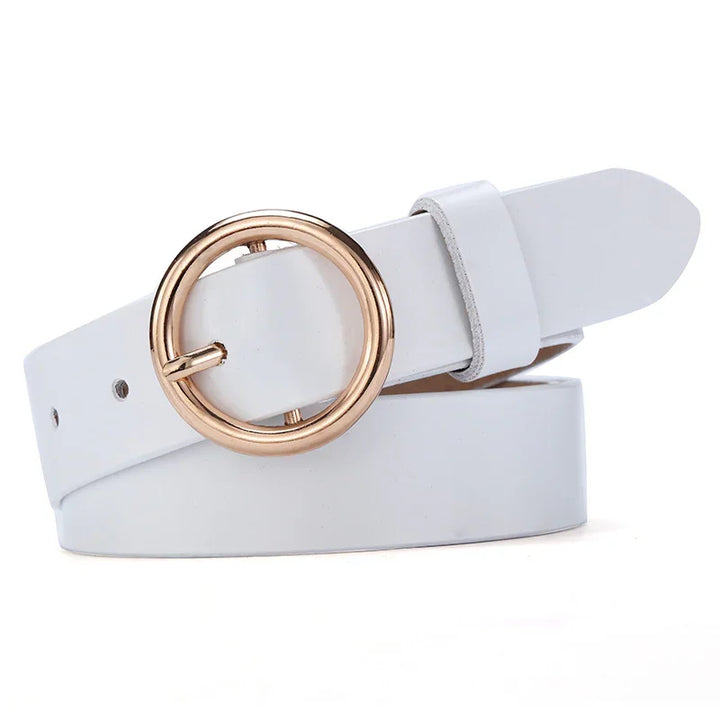 White leather belt with a round gold buckle on a white background