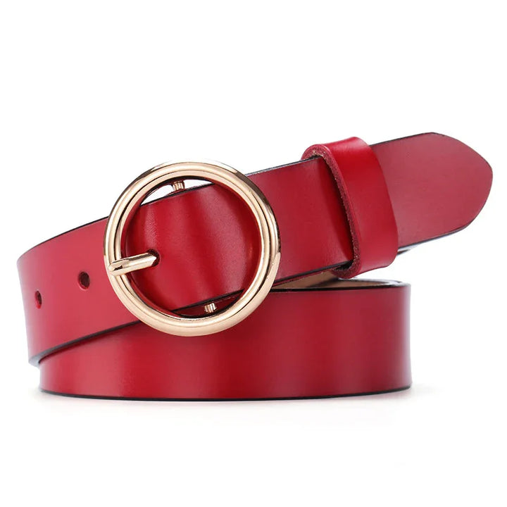 Red leather belt with round gold buckle, stylish women's fashion accessory