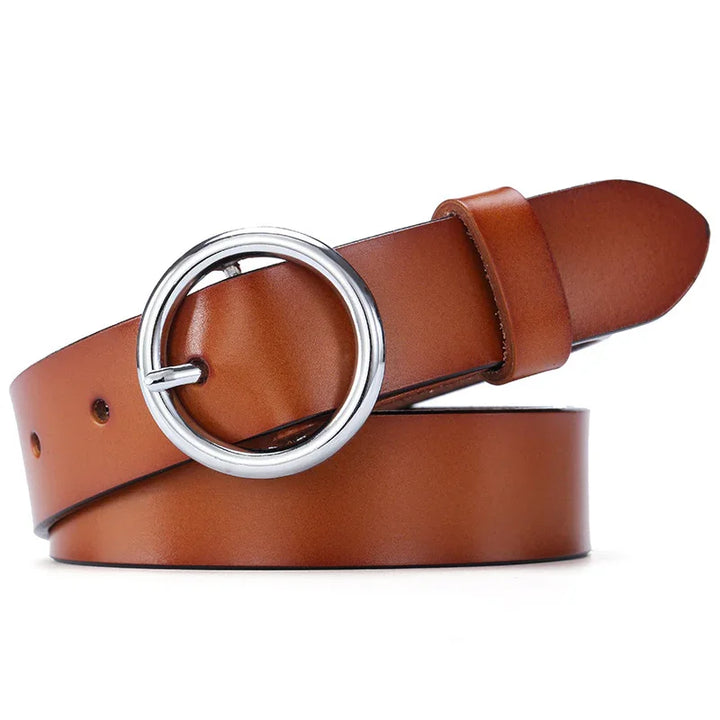 Brown leather belt with round silver buckle on white background