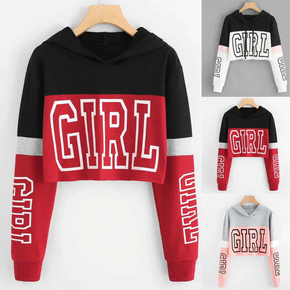 Cropped hoodie with bold GIRL print, color block design in black, red, gray, white, and pink options