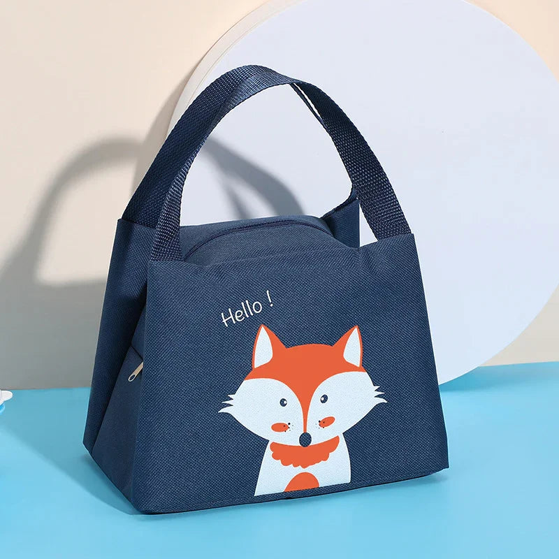 Navy blue lunch bag with a cute orange fox print and the word 'Hello!' on front, with a top handle
