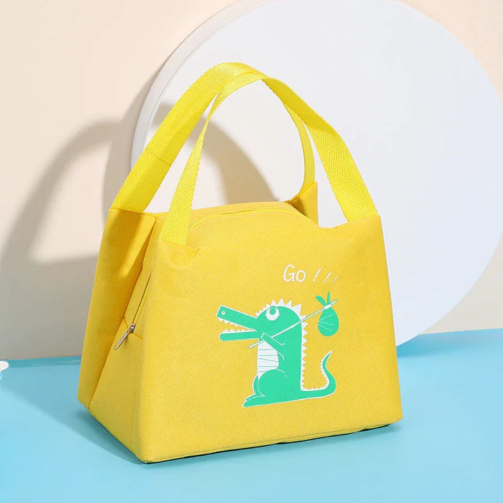 Yellow insulated lunch bag with green cartoon crocodile and text 'Go !!!' on light blue background