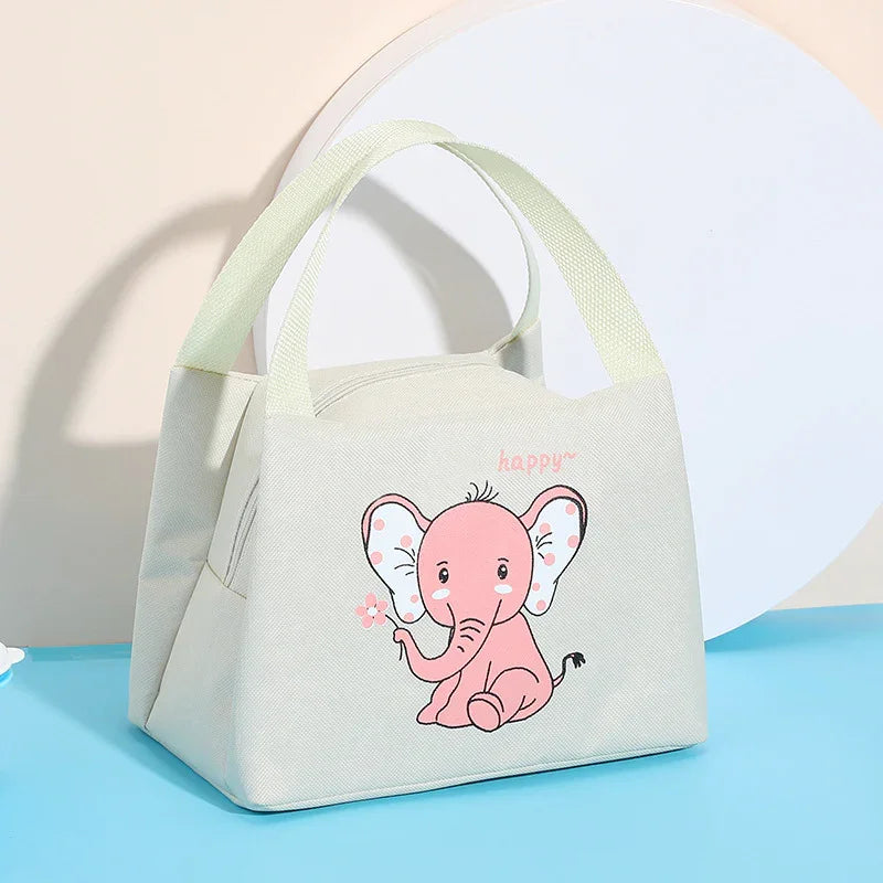 Cream-colored tote bag with cute pink cartoon elephant holding a flower and the word happy