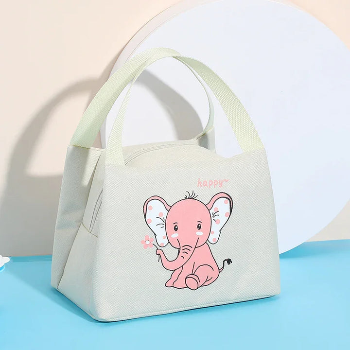 Cream-colored tote bag with cute pink cartoon elephant holding a flower and the word happy