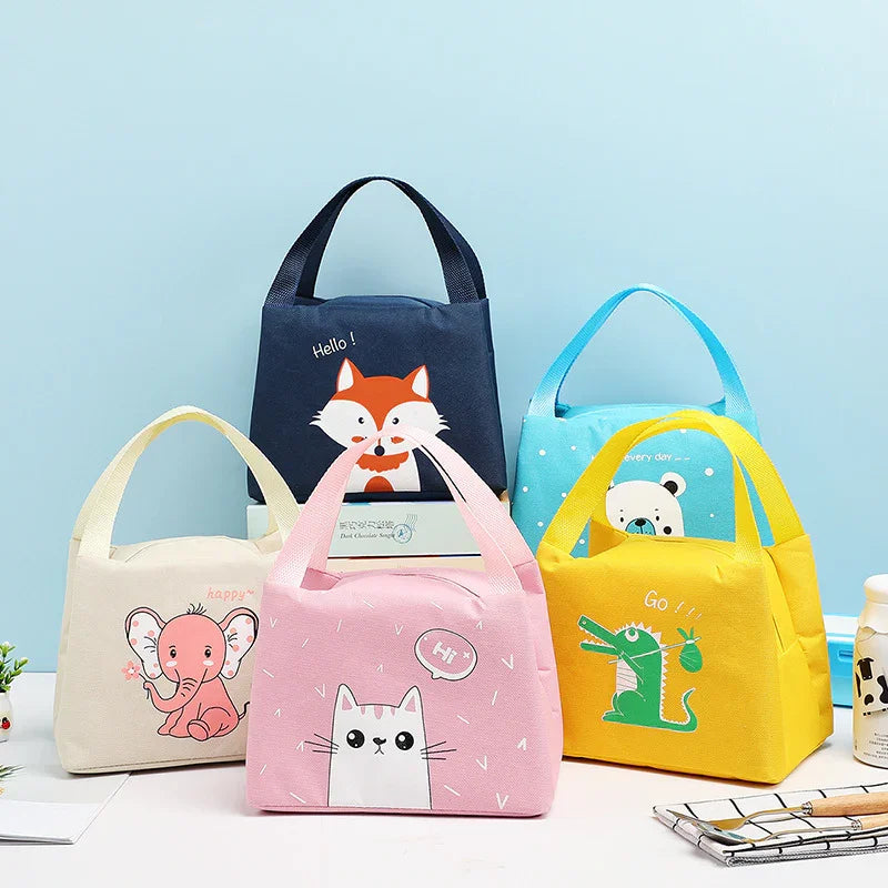 Colorful insulated lunch bags with cute animal designs: fox, elephant, cat, bear, and crocodile on pastel backgrounds