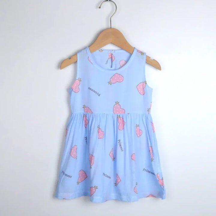 Light blue sleeveless toddler dress with pink heart and crown princess print on wooden hanger