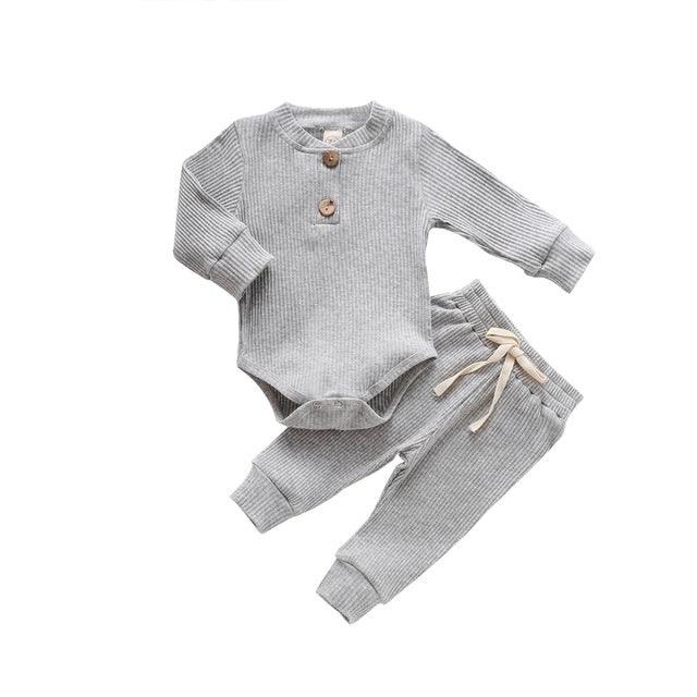 Gray ribbed long-sleeve baby bodysuit with wooden buttons and matching pants with drawstring