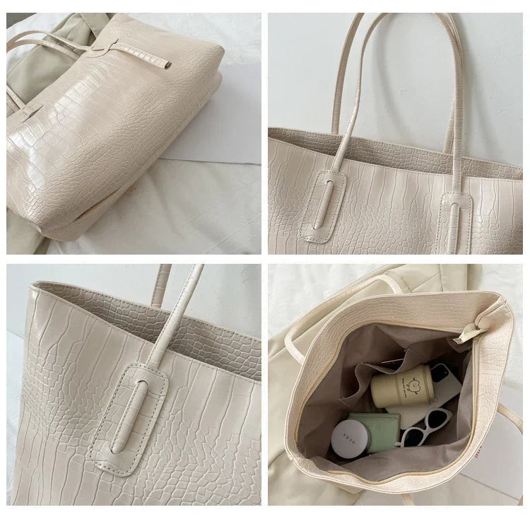 Beige crocodile texture tote bag with dual handles shown from multiple angles, including interior storage with accessories