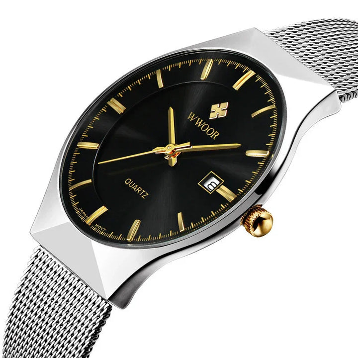Wwoor men's quartz wristwatch with black dial, gold markers, date display, and silver mesh band