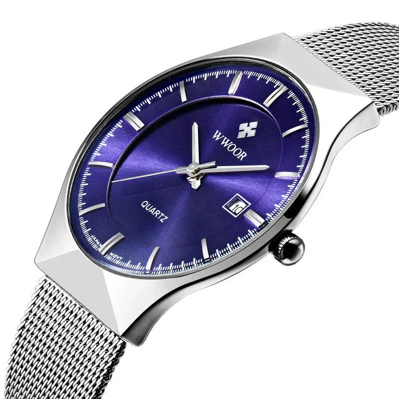 Silver WWOOR quartz wristwatch with blue dial, date window, and mesh metal strap