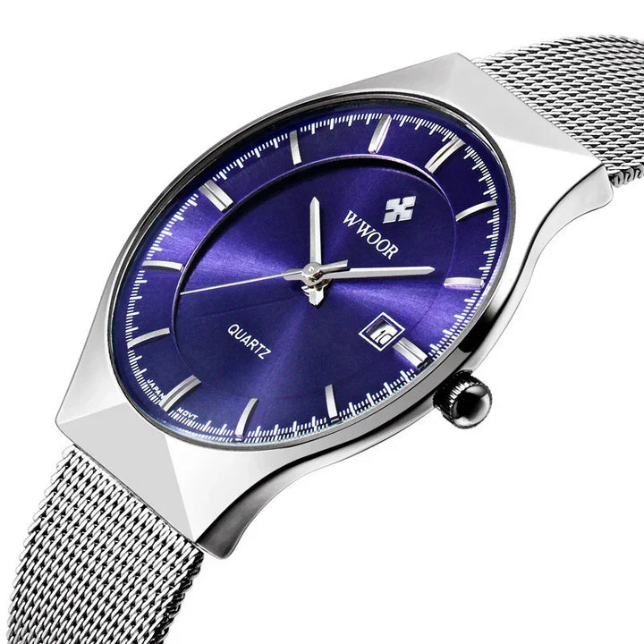 WWOOR men's quartz wristwatch with blue dial, silver mesh strap, and date display