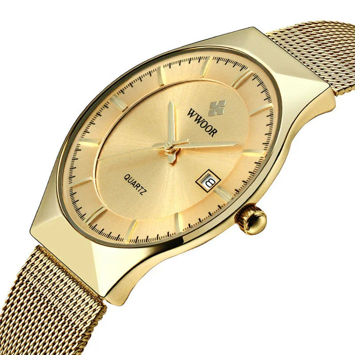 Gold WWOOR quartz wristwatch with mesh band, minimalist dial, and date display at 3 o'clock