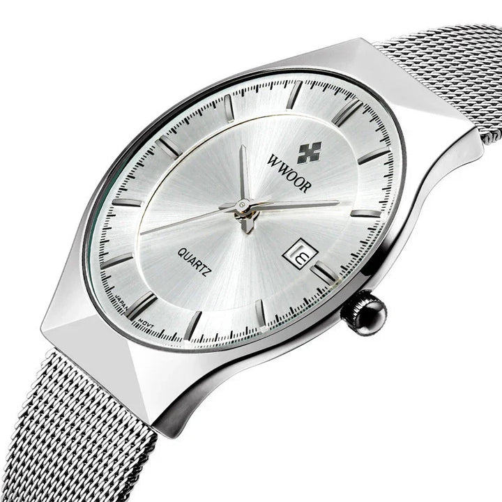 WWOOR silver quartz wristwatch with mesh band and date display on dial