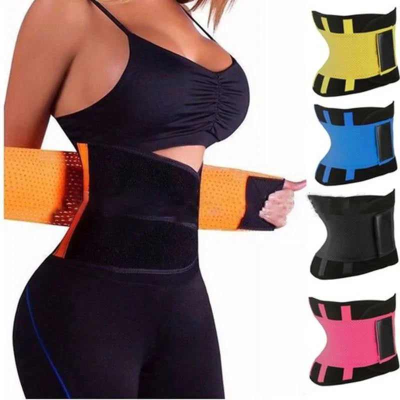 Woman wearing black sports bra and orange waist trainer, different color waist trimmers shown