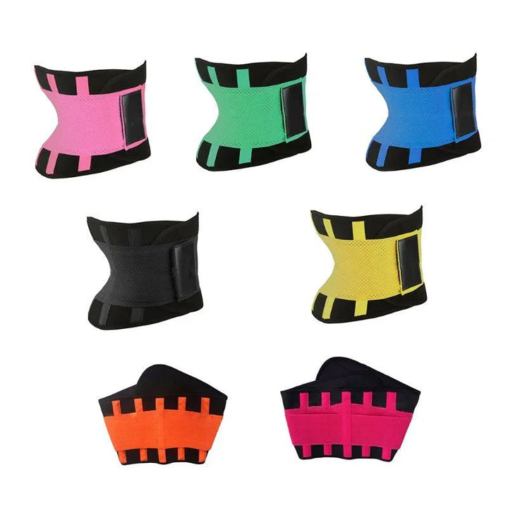 Colorful waist trainer belts with Velcro in pink, green, blue, black, yellow, orange, and red.