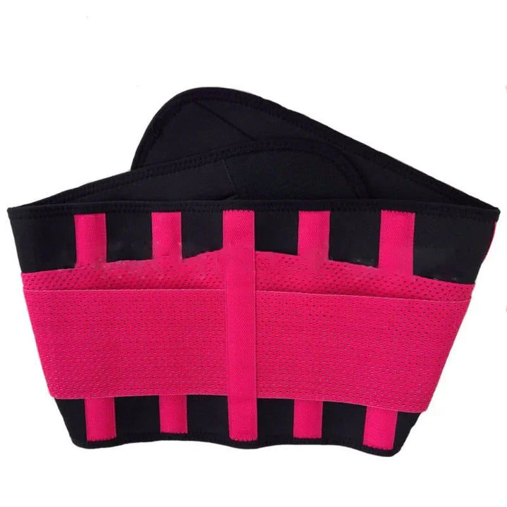 Black and pink waist trainer belt with adjustable straps and breathable mesh design