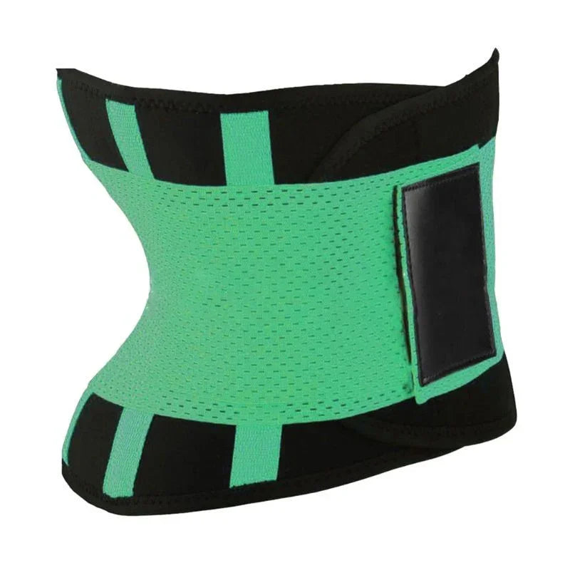 Green and black waist trainer belt with adjustable velcro, breathable fitness accessory