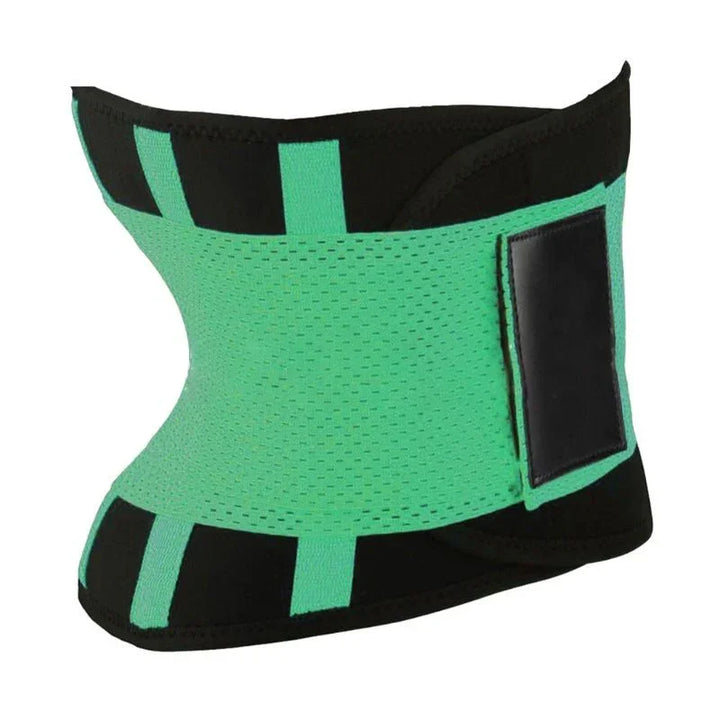 Green and black waist trainer belt with adjustable velcro, breathable fitness accessory