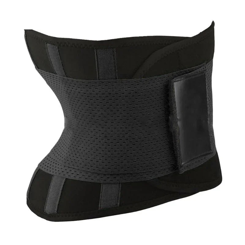 Black adjustable lumbar support belt with breathable mesh design on white background
