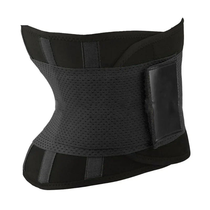 Black adjustable lumbar support belt with breathable mesh design on white background