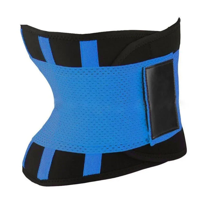 Blue and black adjustable waist support belt with Velcro closure for back support