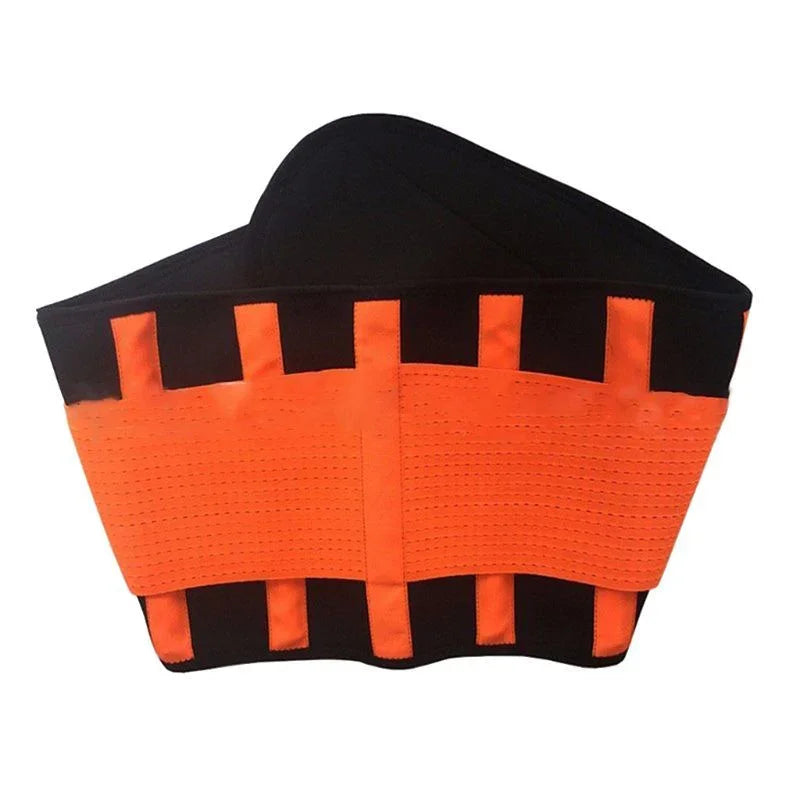 Orange and black waist trainer belt for fitness and back support on white background