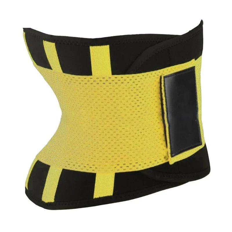 Yellow and black mesh waist trainer belt with Velcro closure for fitness support