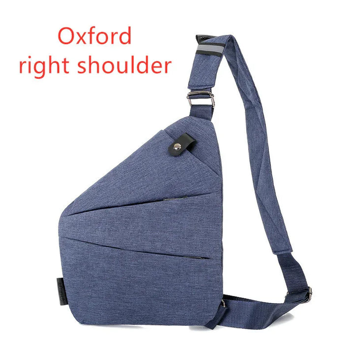 Blue Oxford right shoulder sling bag with adjustable strap and zipper pockets
