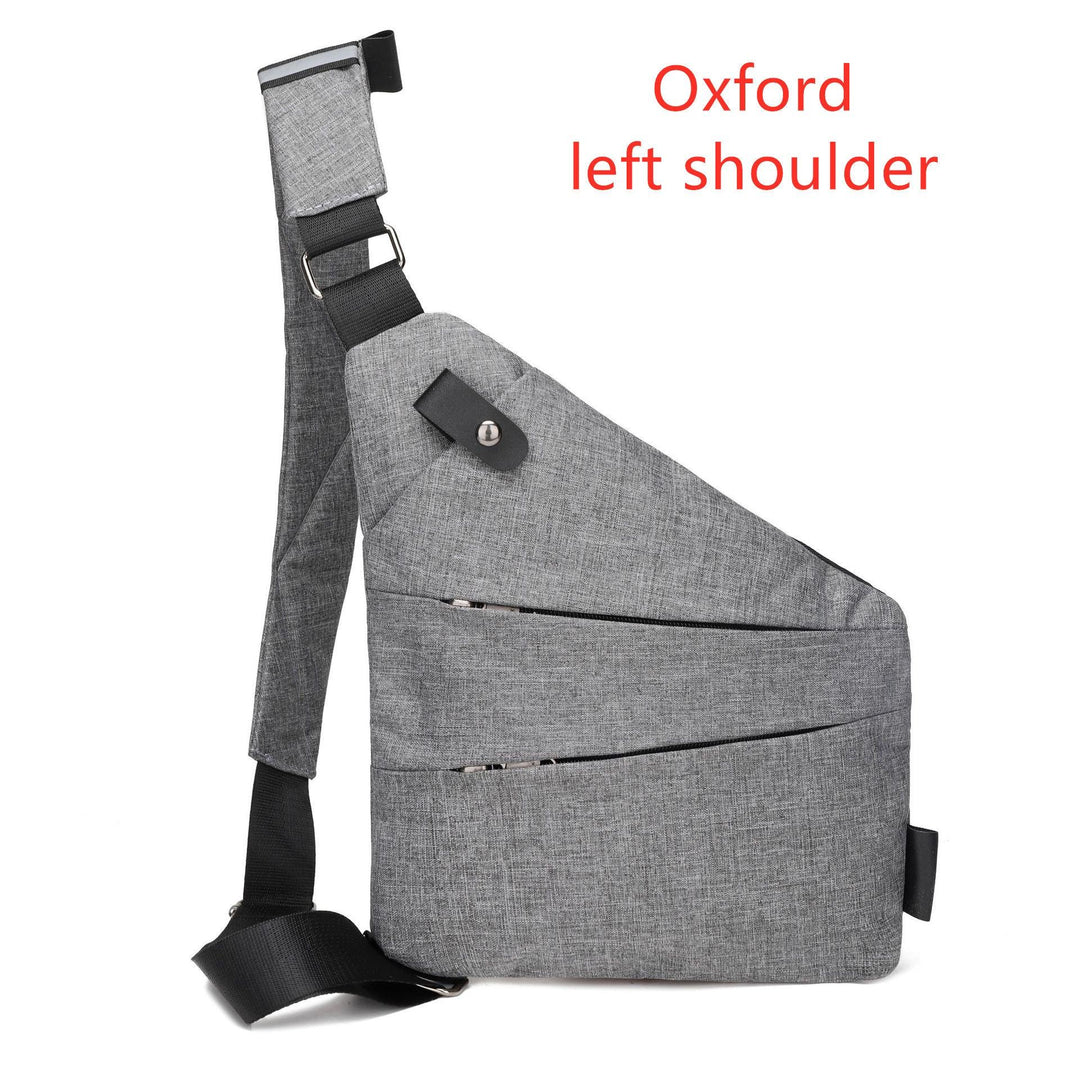 Grey Oxford left shoulder sling bag with black adjustable strap and multiple zippered pockets
