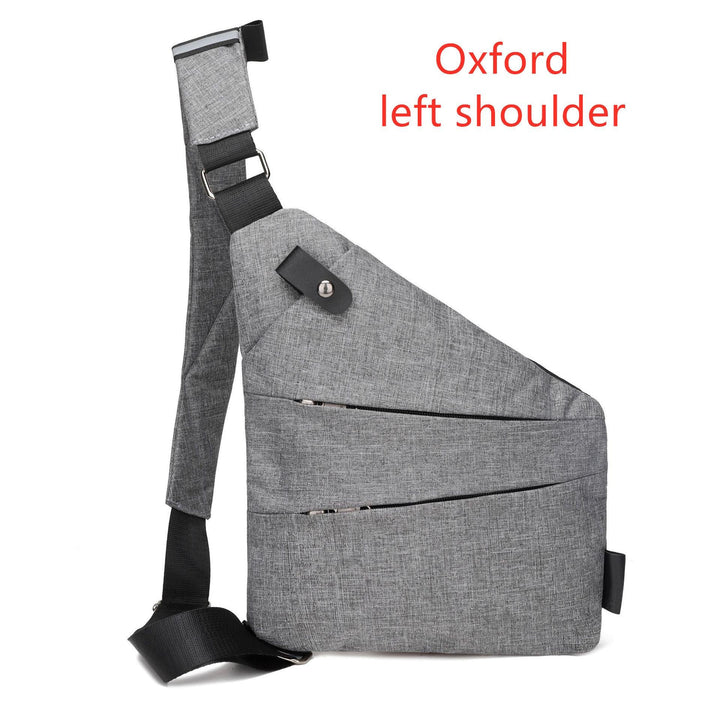Grey Oxford left shoulder sling bag with black adjustable strap and multiple zippered pockets