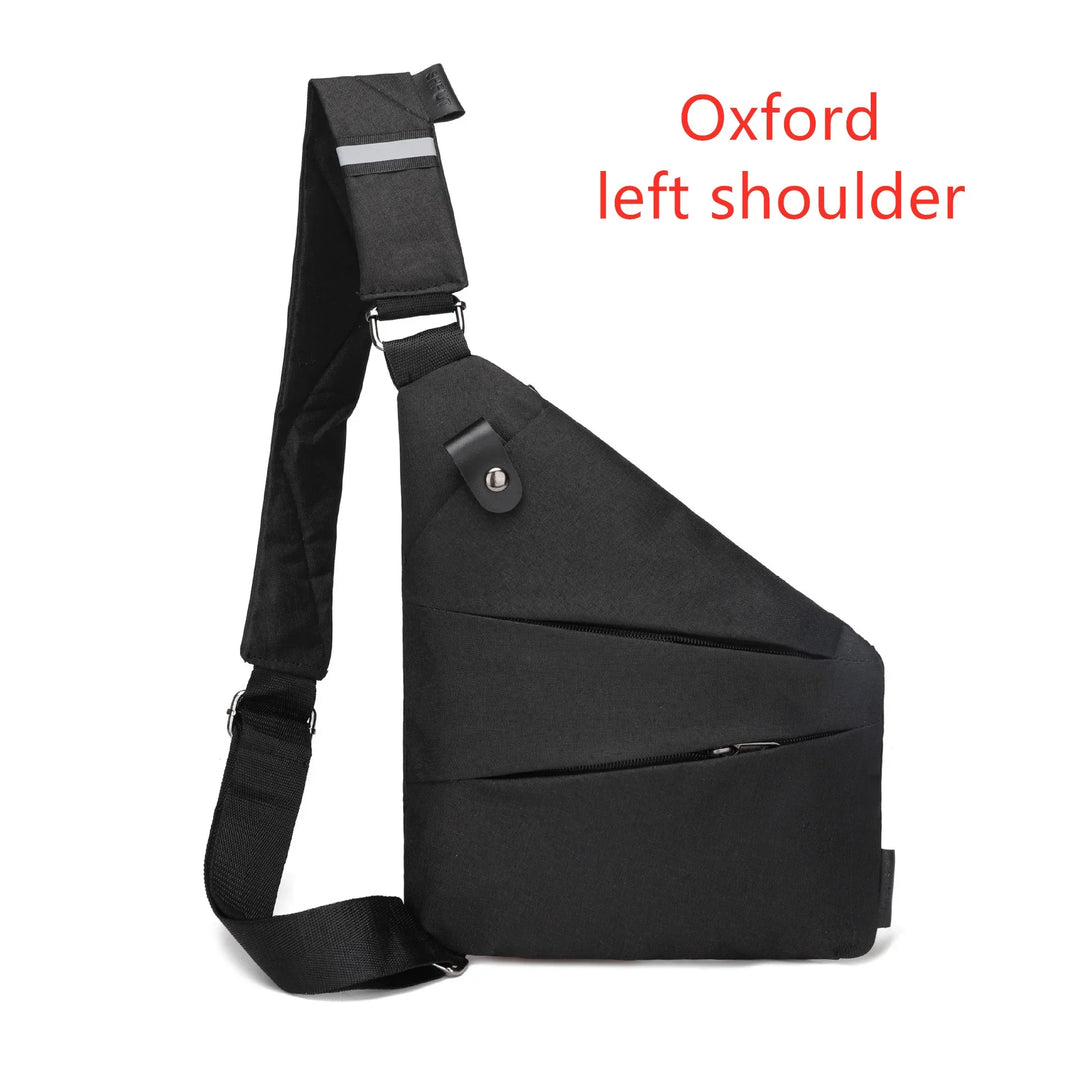 Black Oxford left shoulder sling bag with adjustable strap and zipper pockets