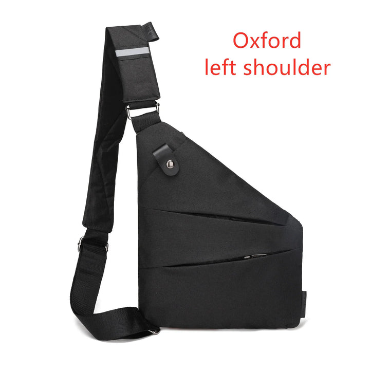 Black Oxford left shoulder sling bag with adjustable strap and zipper pockets