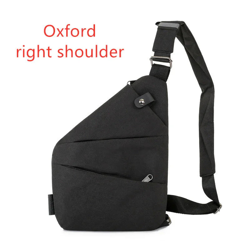 Black Oxford fabric sling backpack designed for right shoulder with zipper pockets and adjustable strap