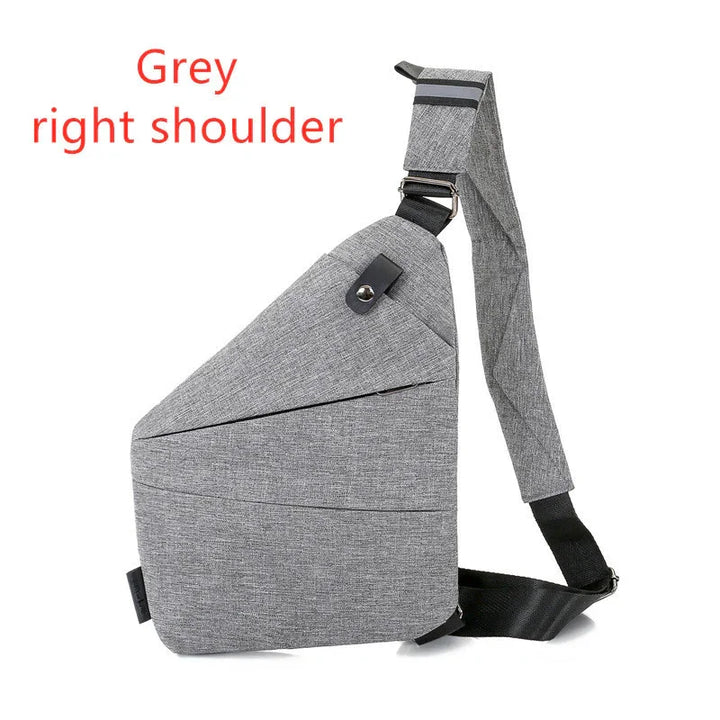 Grey sling backpack designed for right shoulder with adjustable strap and modern style