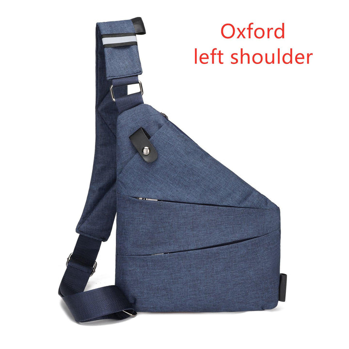 Oxford blue left shoulder sling bag with adjustable strap and zipper pockets