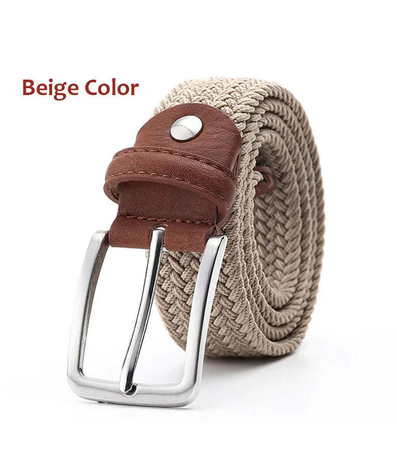 Beige woven fabric belt with brown leather buckle and silver metal pin