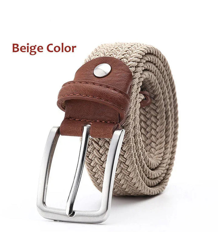 Beige woven fabric belt with brown leather buckle and silver metal prong