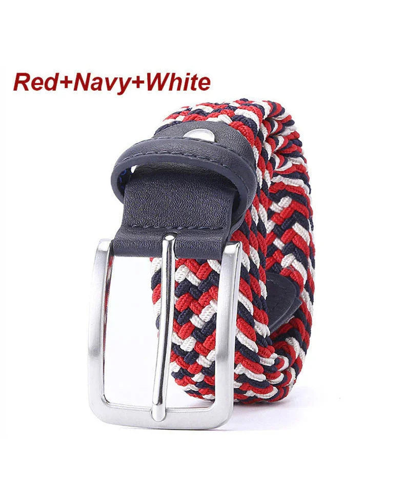 Red, navy, and white woven braided belt with silver buckle and navy leather loop