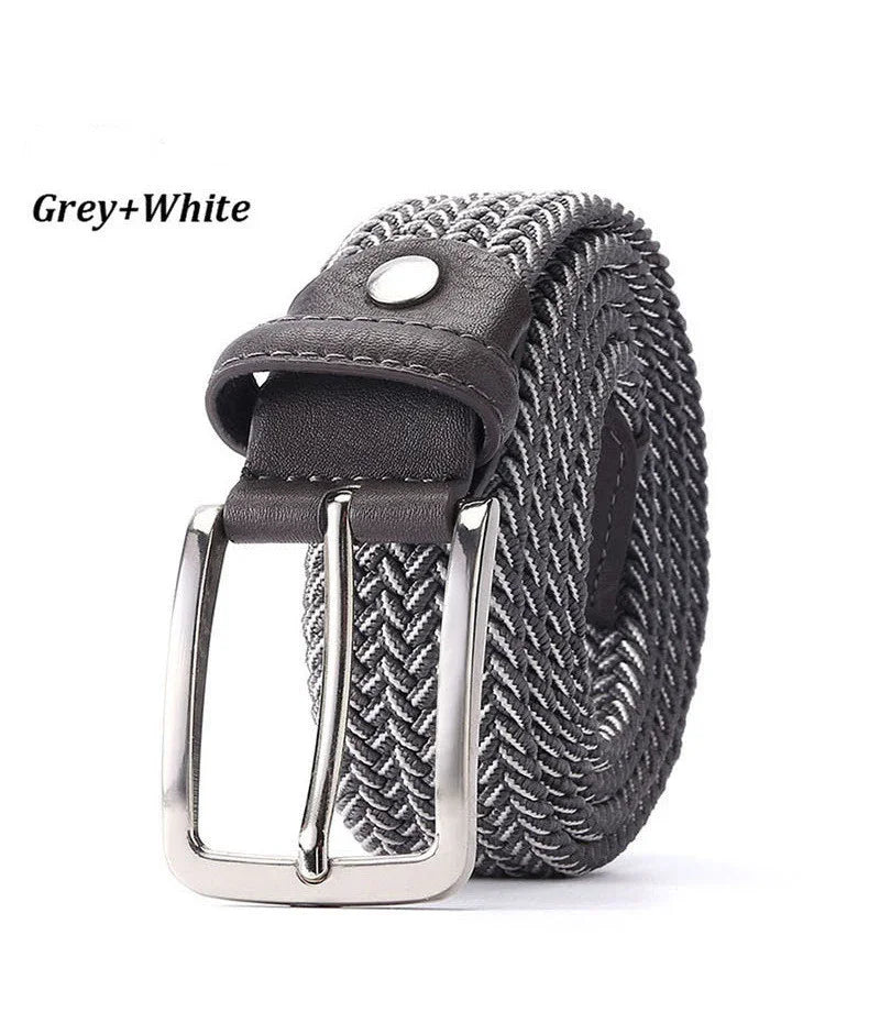 Grey and white woven elastic belt with silver metal buckle and leather detail
