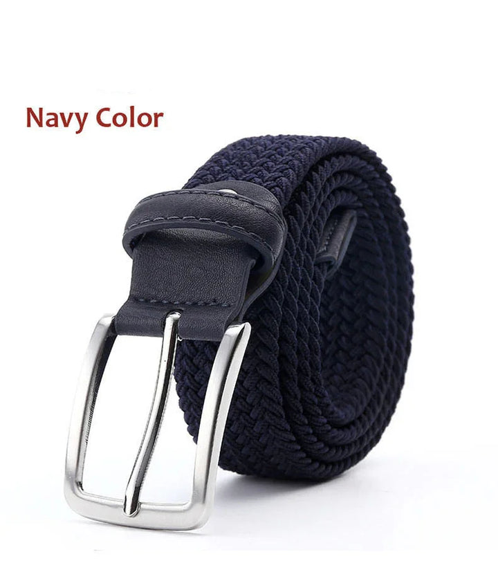 Navy color woven fabric belt with silver metal buckle and leather trim