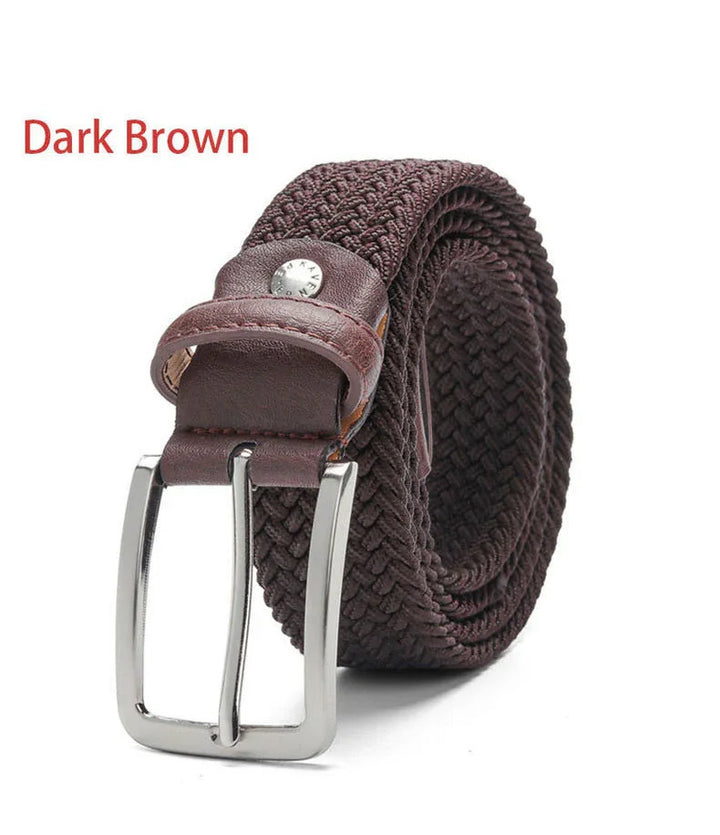 Dark brown woven fabric belt with leather accents and silver metal buckle