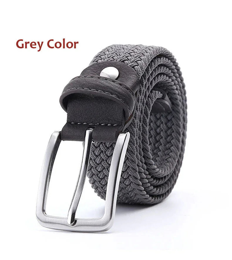 Grey woven fabric belt with black leather detailing and silver buckle on white background