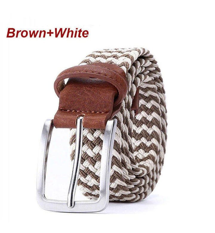 Brown and white woven fabric belt with leather buckle and metal clasp on white background