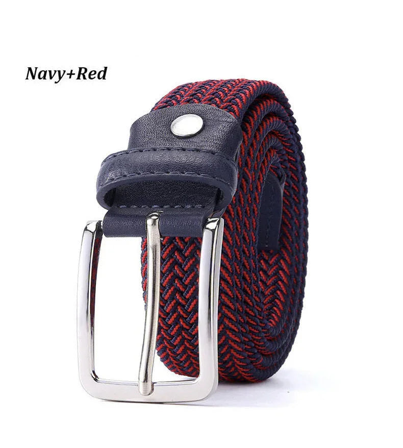 Navy and red woven fabric belt with silver buckle and leather detailing