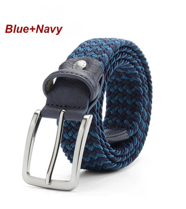 Blue and navy woven fabric belt with silver buckle and leather detailing