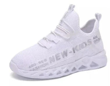 white kids breathable sports sneaker with mesh fabric and text design on sole