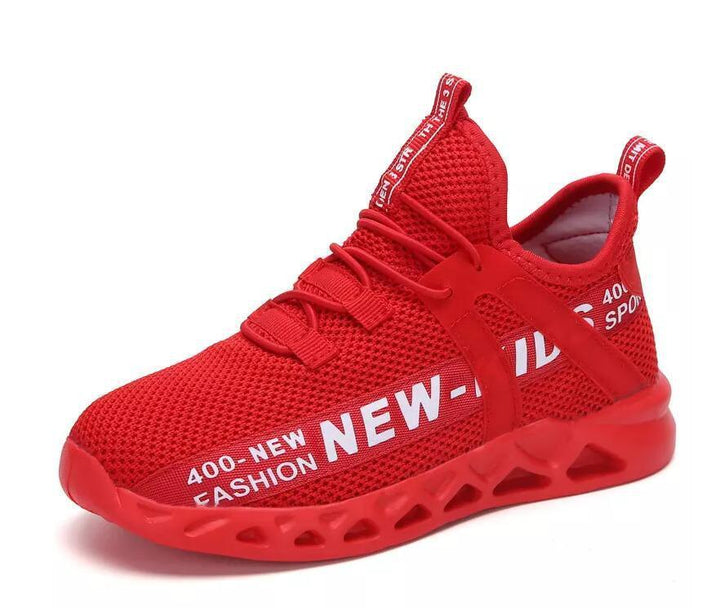 Red breathable sports sneaker with mesh fabric and white NEW-ID fashion lettering